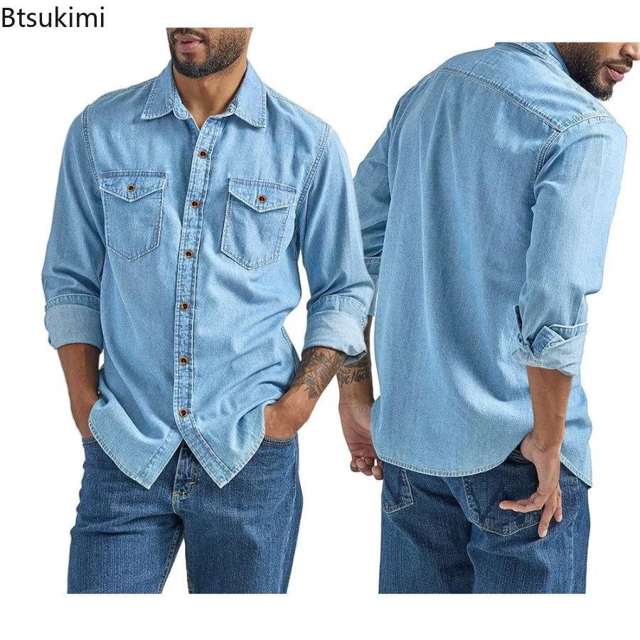 Men's Casual Denim Shirts Long Sleeve Button Vintage Blue Washed Cowboy Shirts Slim Fit Outdoor Workwear Tops for Men