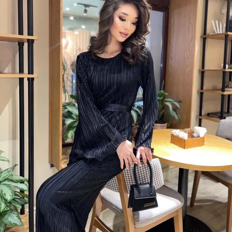 Autumn Winter Party Dress for Women 2025 Y2K INS Elegant Fashion Long Sleeve O Neck Lace Up Folds Evening Graduation Long Dress