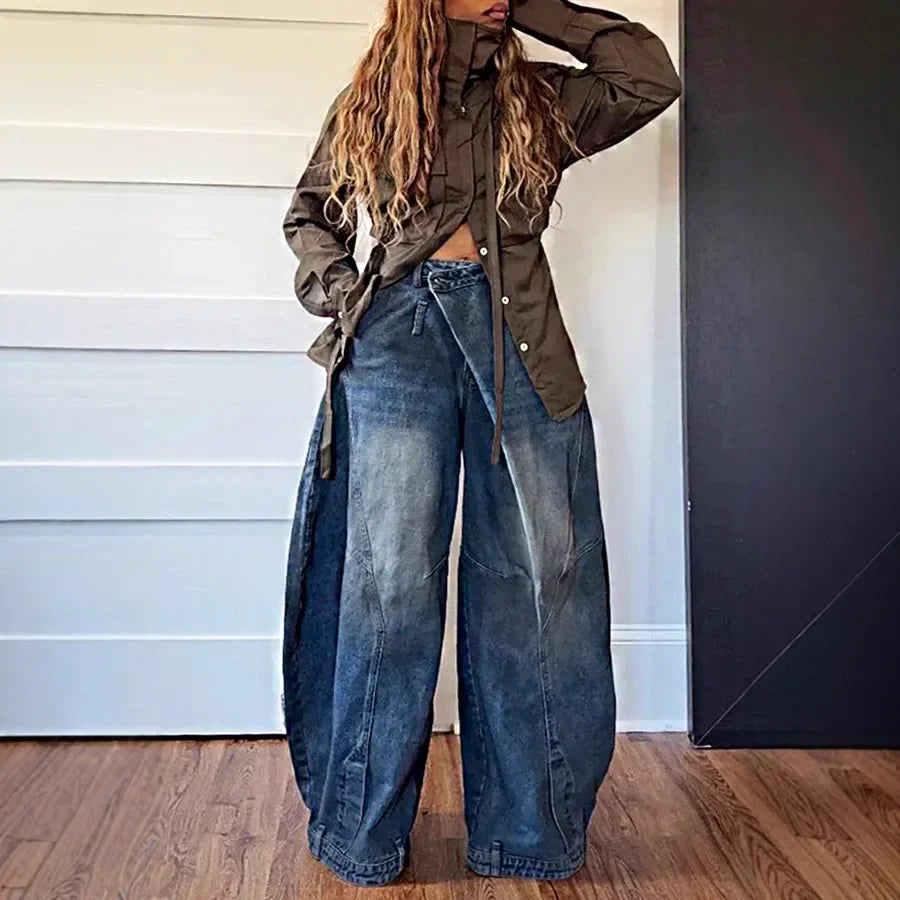 Wide Leg Pants Women Vintage Denim Jeans Punk Style Loose Trousers Stretch Mid Waist Washed Distressed 2026 Mom Streetwear