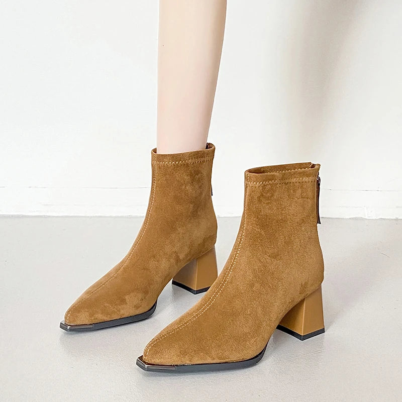 Autumn Winter Suede Women Ankle Boots Sexy Thick High Heels Pointed Toe Shoes Modern Short Botas Para Mujer