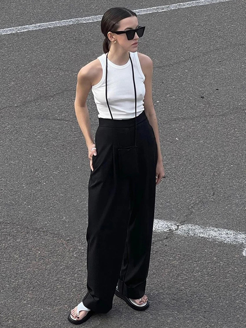 Parc Fee Fashion Loose Black Office Women's Pants Casual High Waist Wide Trousers Elegant Classic Full Length Pants Female