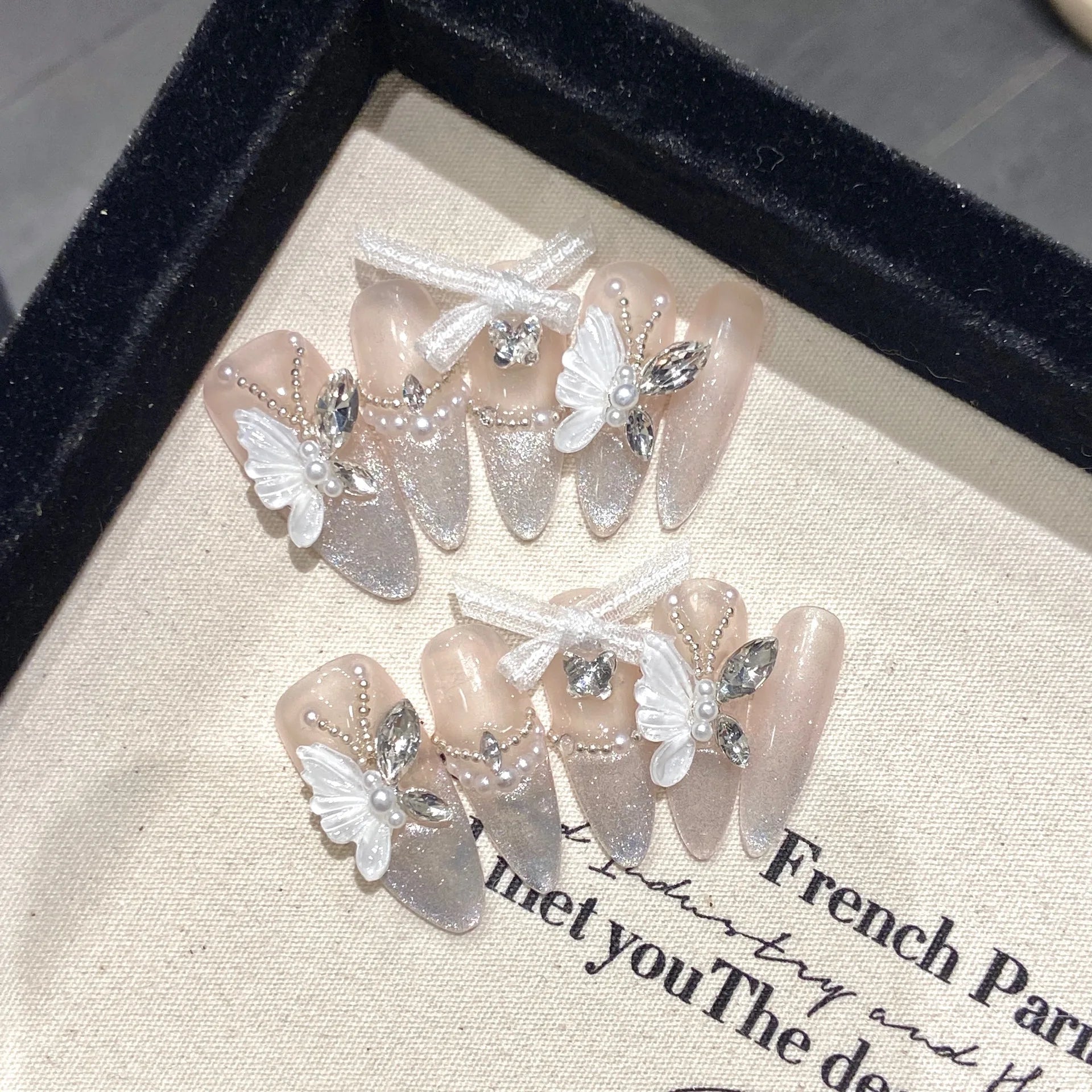 Butterfly Cat Eye Press-On Nails | 10pcs Pink Handmade French | Reusable Wearable Nail Art Tips