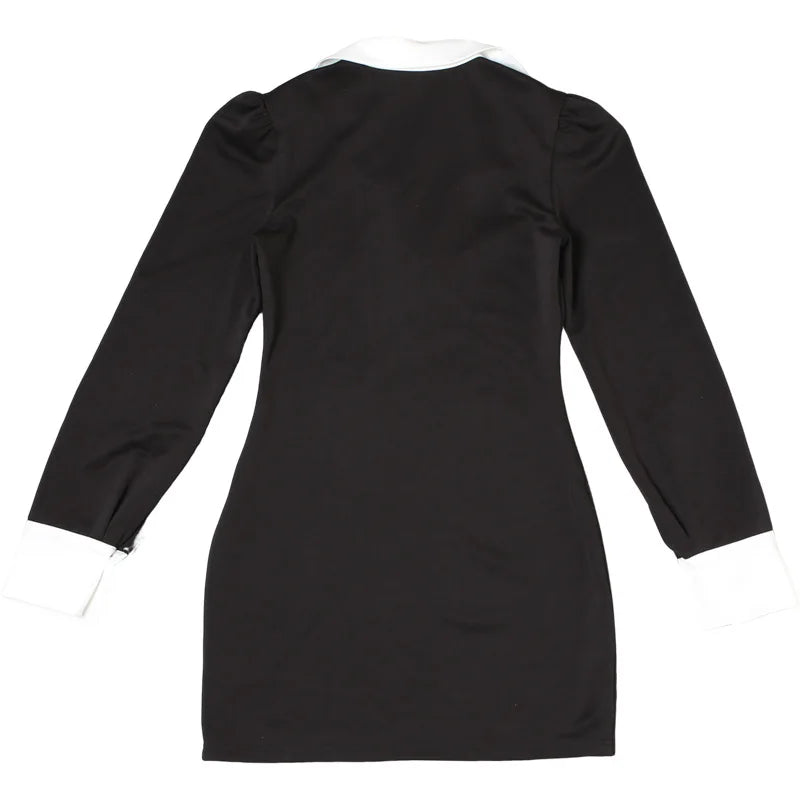 2025 Autumn Color Patchwork Mini Dress Women Fashion Turn Down Collar Long Sleeve Slim Bodycon Streetwear Office Lady Outfits