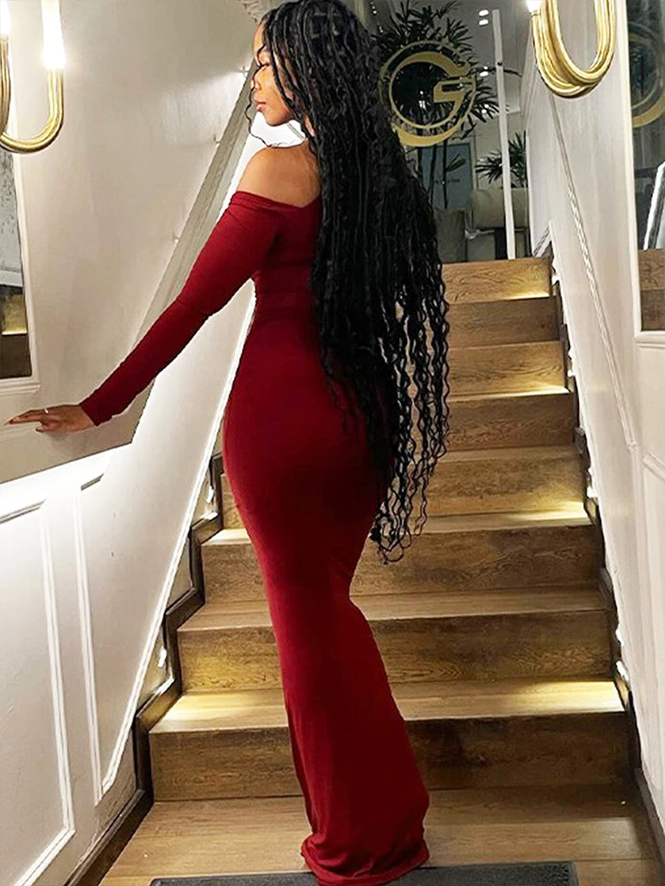 Women's Dresses Autumn New Sexy One-Shoulder Red Dress Streetwear Fashion Casual Slim Elegant Female Club Knitted Dress Clothing