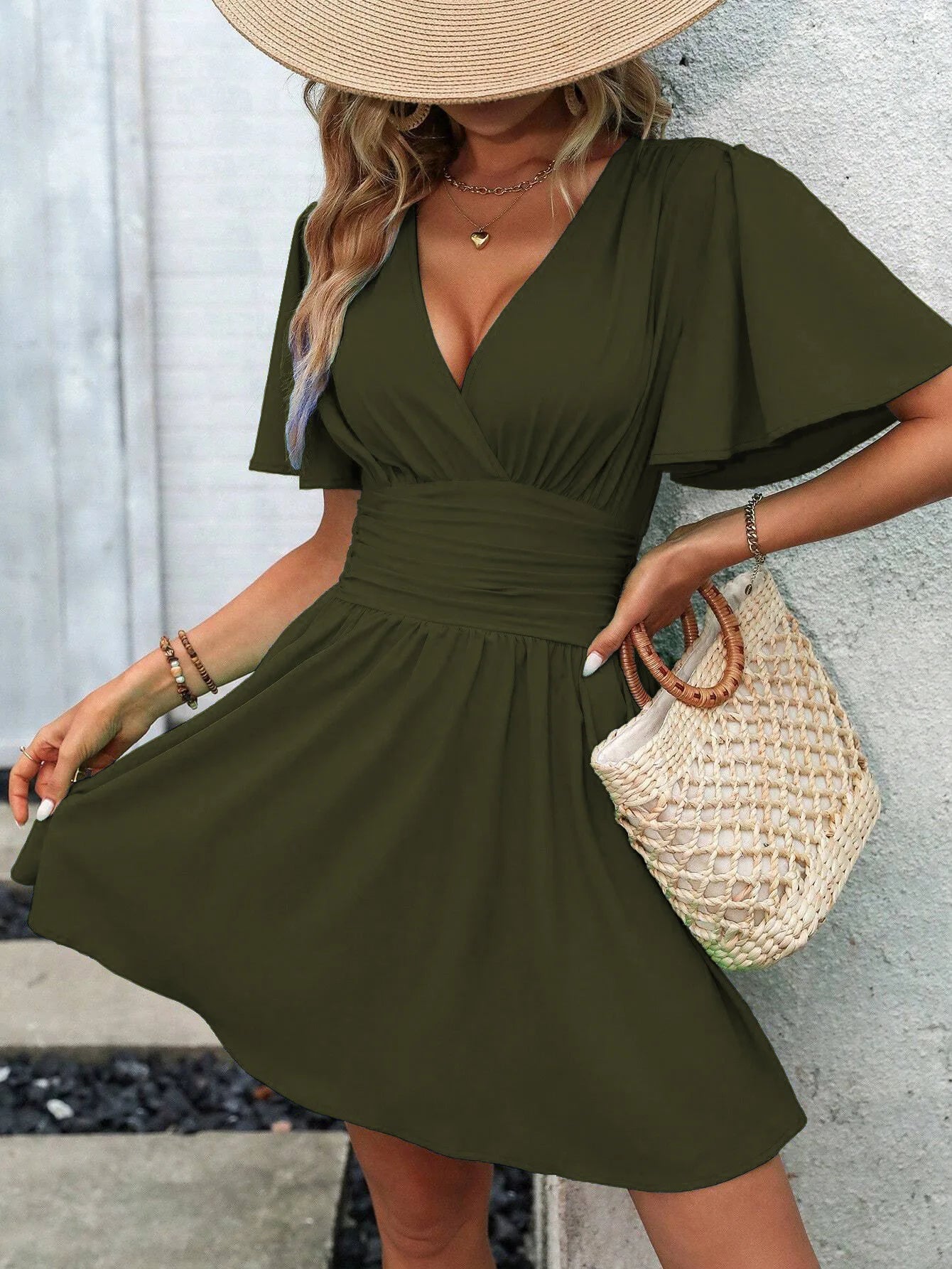 Woman Summer V-Neck Ruffled Sleeve Solid Color Dress Woman Clothing Tops Skirts Y2k Clothes