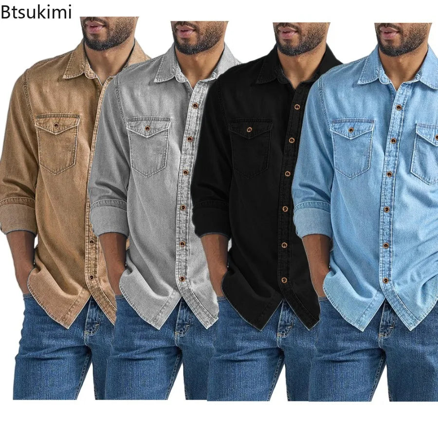Men's Casual Denim Shirts Long Sleeve Button Vintage Blue Washed Cowboy Shirts Slim Fit Outdoor Workwear Tops for Men