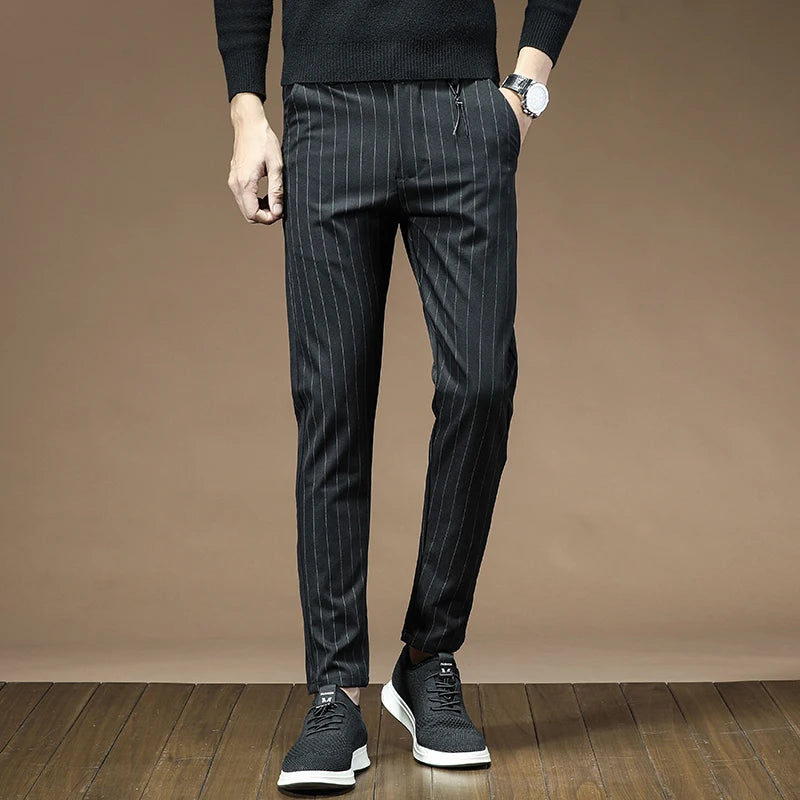 Men's Dress Pants Fashion Plaid Stripe Business Slim Fit Office Classic Retro Suit Pant Korean British Style Wedding Trousers