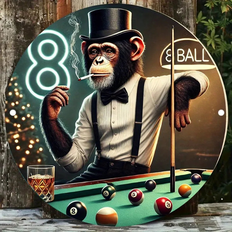 Round Aluminum Sign with Cue Balls & Table Design - Pool Hall, Game Room, Bar Decoration - Perfect Gift for Billiards Players
