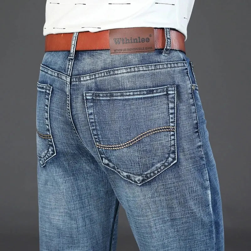 Wthinlee New Business Men's Jeans fleece Casual Straight Stretch Fashion Classic Blue Black Work Denim Trousers Male  Clothing