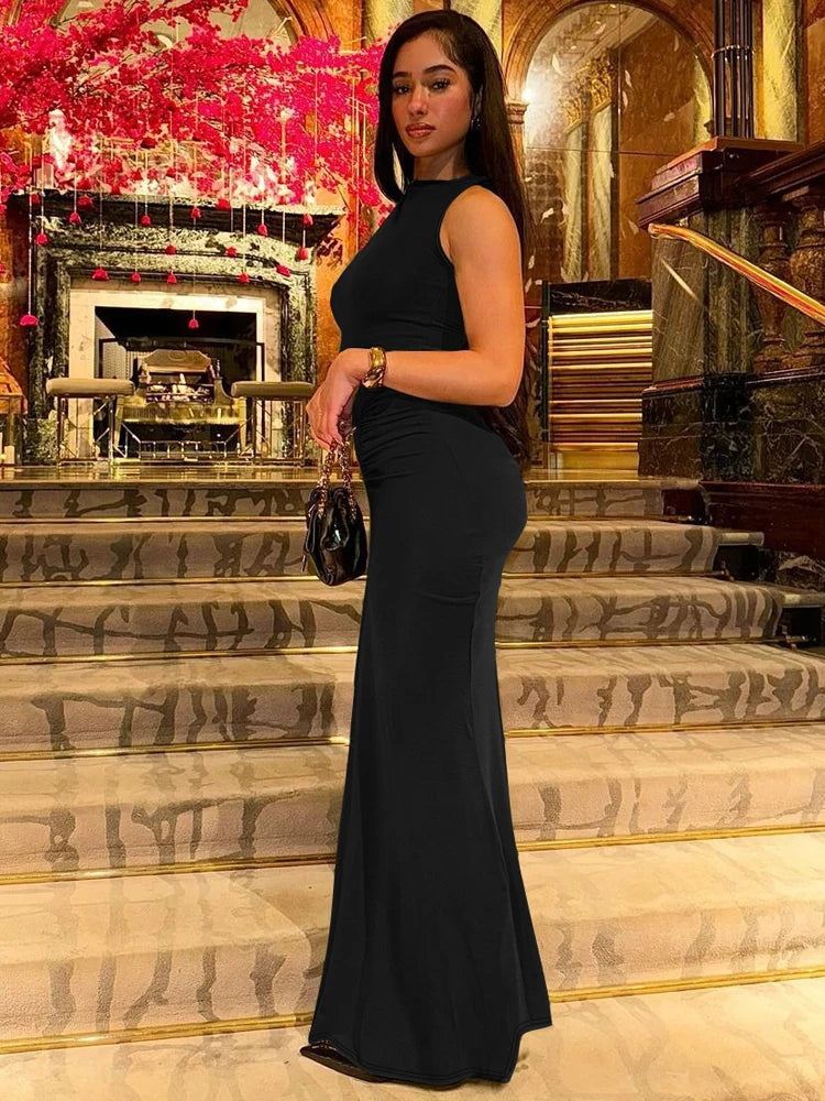 Dulzura Elegant Long Dress Ruched Bodycon Sleeveless Solid Dresses Lady Cocktail Party Wedding Guest Formal Women Clothes 2024