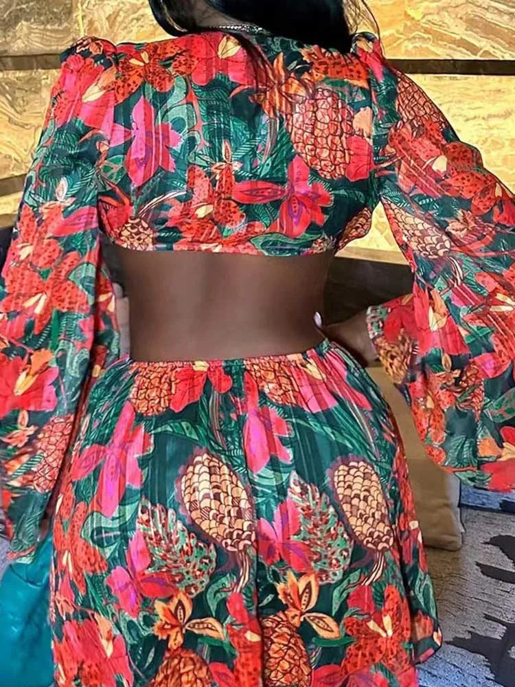 Women Sexy Outfits Skirt Sets with Top Lace-up Flare Sleeves Nightclub Wear with Flower Print Two Piece Sets Skirt and Crop Top