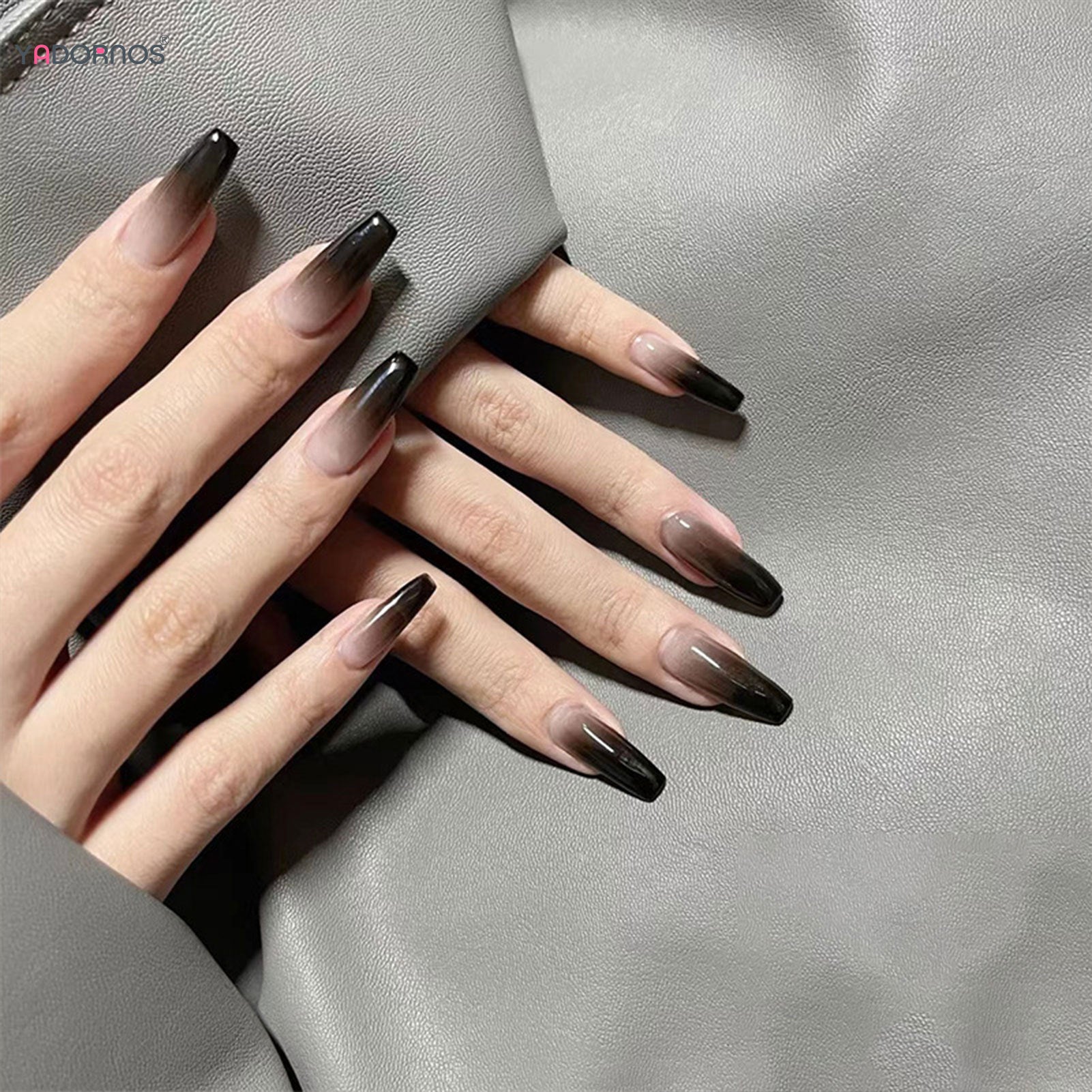 Gradient Black Fake Nails Long Ballerina Nails Press on Simple Full Cover False Nails Tips for Women Girls DIY Manicure 24Pcs
