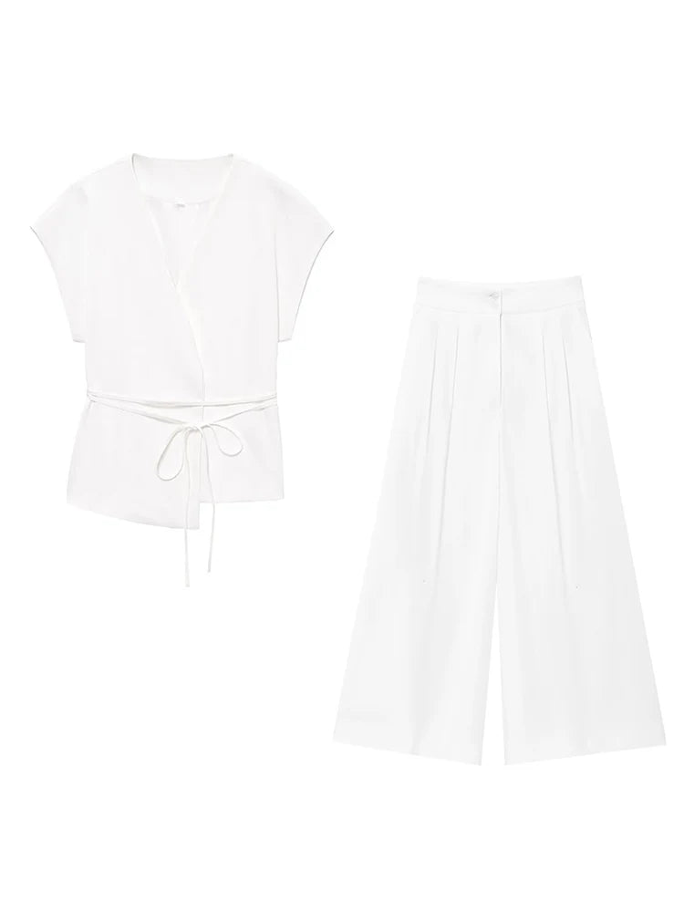 TFMLN Fashion Women's Trouser Suits Sleeveless V-Neck Top With Belt Straight Pants Sets 2025 Spring Summer Commuter 2 Piece Set