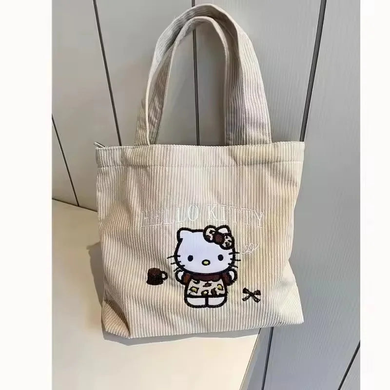 New Hello Kitty Handbag Cute Embroidered Large-Capacity Cartoon Handbag Corduroy Small Bag Students School Single Shoulder Bag
