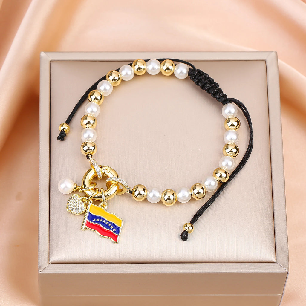 Hot Sale Venezuela Flag Cross Pearl Copper Beads Braided Adjustable Bracelet Classic for Man Woman Party Birthday Jewelry Gift