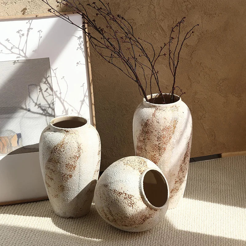 Ceramic Vase Mottled Antique Pottery Jar Wabi Sabi Style Decoration Foyer TV Cabinet Flower Arrangement Ceramic Large Vase Decor
