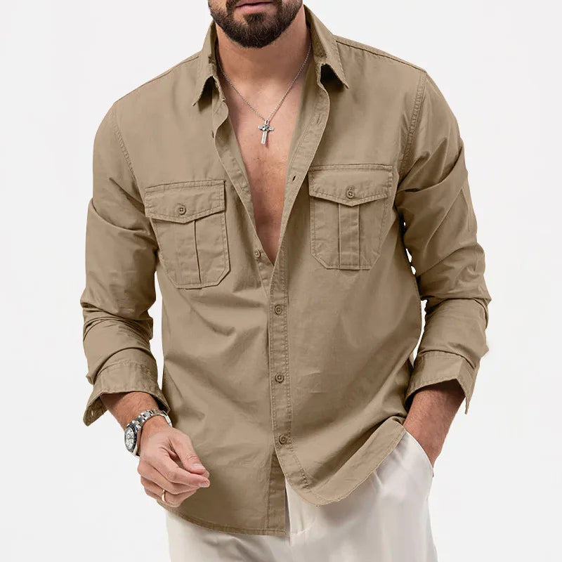 New Men Shirts Long Sleeve Casual Spring Summer Retro Work Multi-pocket Slim Social Business Casual Blouse Solid Color Shirt