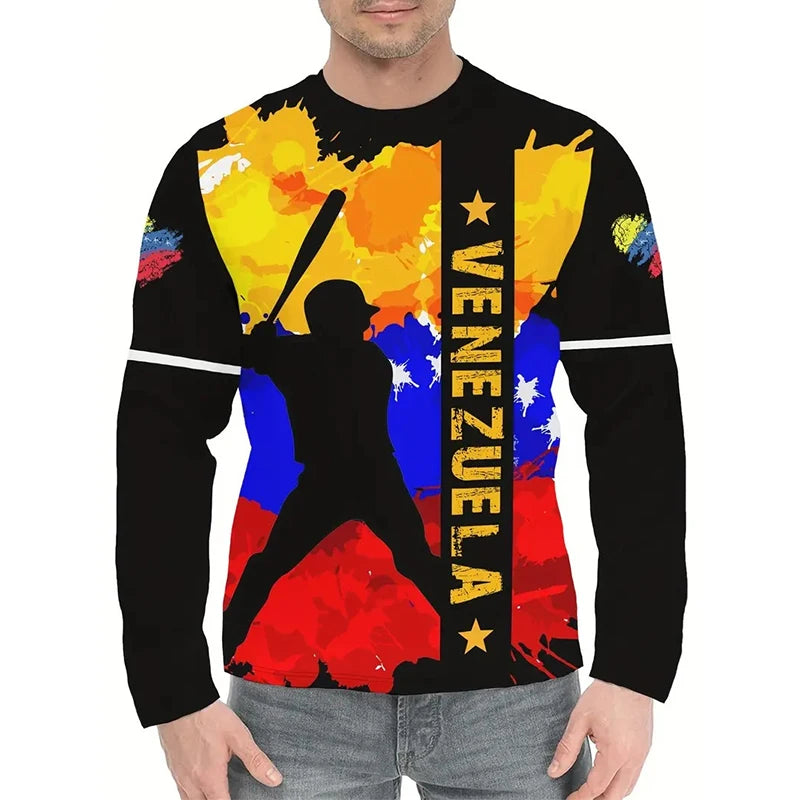 Baseball Sports Pattern Venezuela Shirt For Men 3D Print Graffiti Style Long Sleeve T-shirts Fashion Street Daily New T Shirts