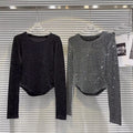Fat people oversized wear 300 catties fashion rhinestone diamond bright silk curved edge women's long-sleeved T-shirt