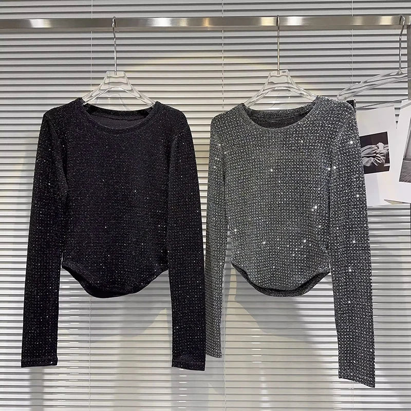 Fat people oversized wear 300 catties fashion rhinestone diamond bright silk curved edge women's long-sleeved T-shirt