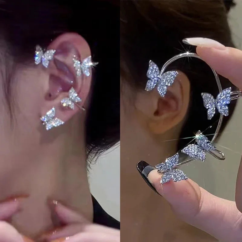 Silver Butterfly Clip-On Earrings – Sparkling Zircon Ear Cuff No Piercing