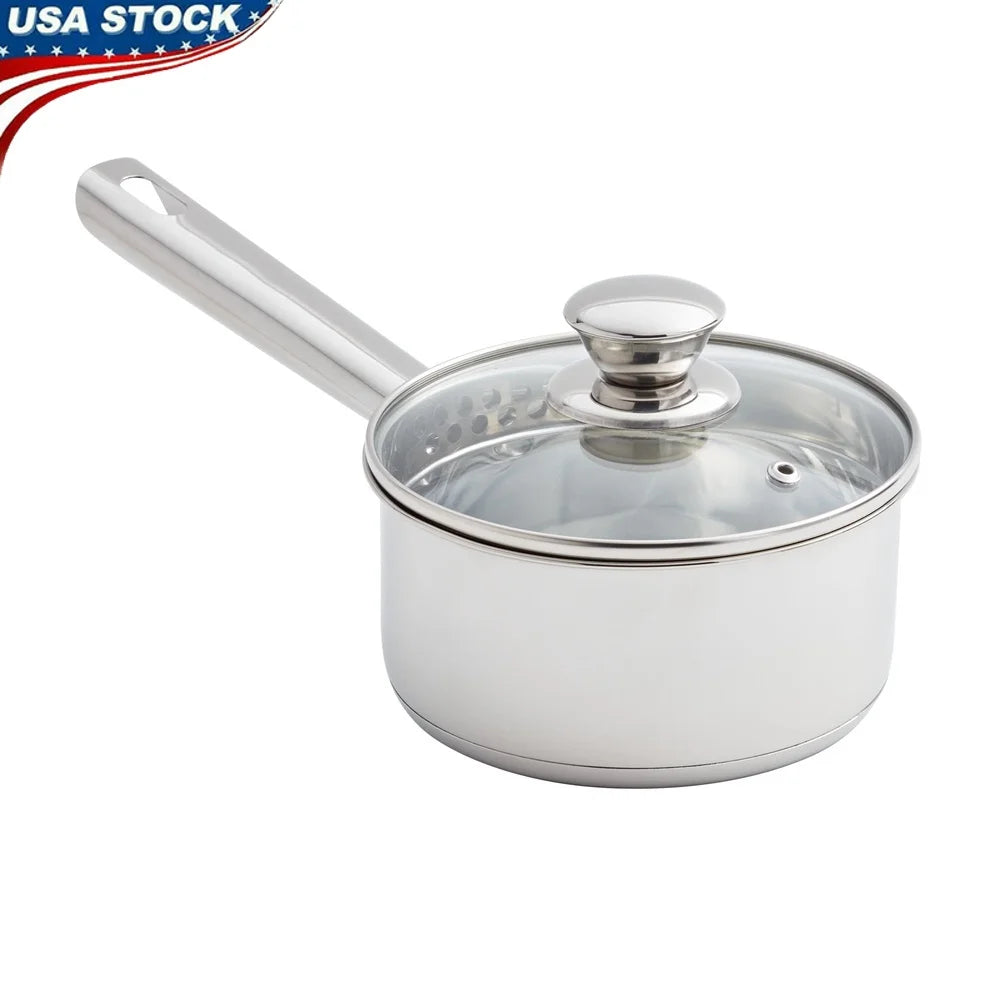 Oven Safe Stainless Steel Saucepan with Straining Lid 1qt Dishwasher Safe Induction Compatible Heat Resistant Glass Lid Durable