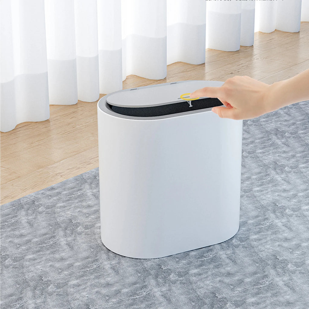 Press Top Trash Can with Lid, Slim Waste Basket for Bathroom Kitchen, Compact Office Living Room Garbage Bin