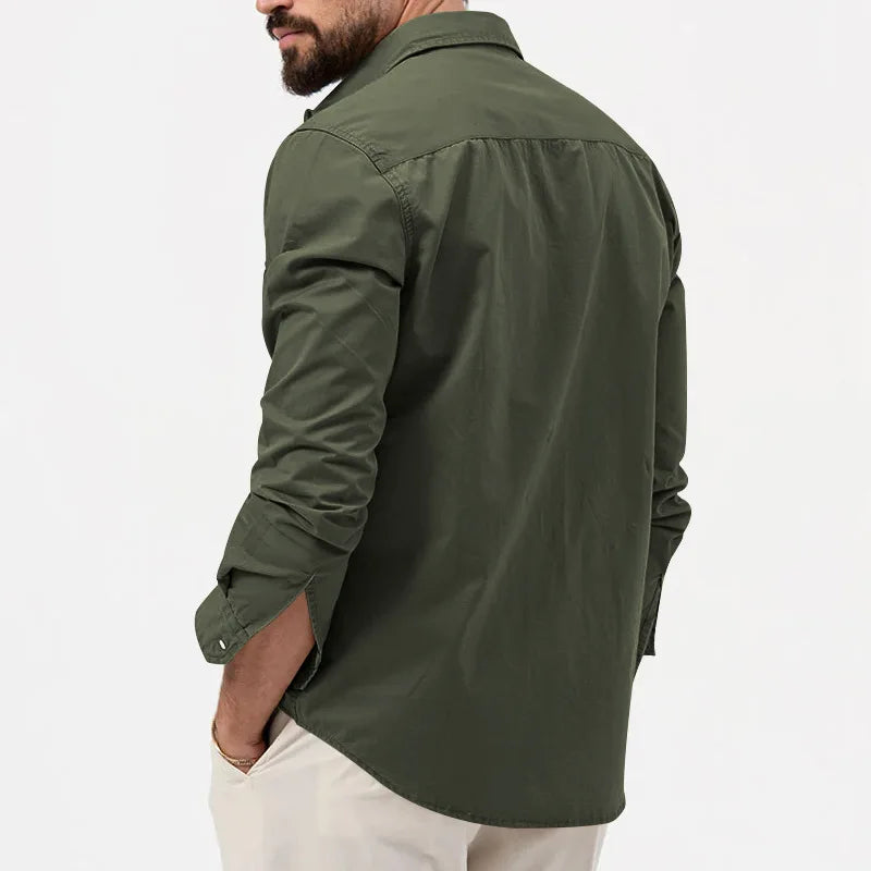 New Men Shirts Long Sleeve Casual Spring Summer Retro Work Multi-pocket Slim Social Business Casual Blouse Solid Color Shirt