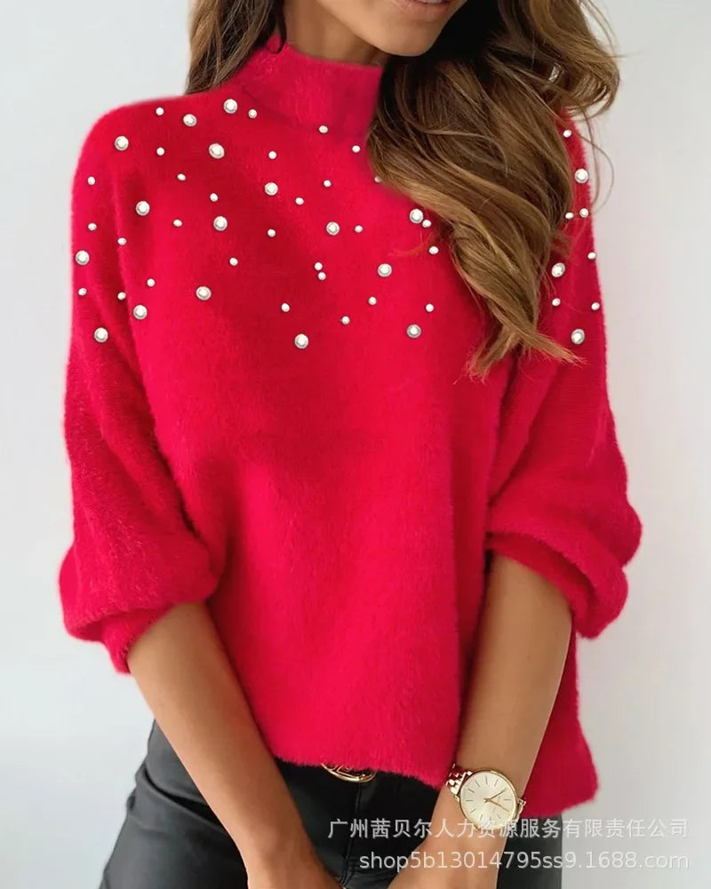 Turtleneck Long-Sleeved Top Knitted Sweaters Beaded Casual Sweaters Women Solid Color Fashion Loose Woolen Sweaters