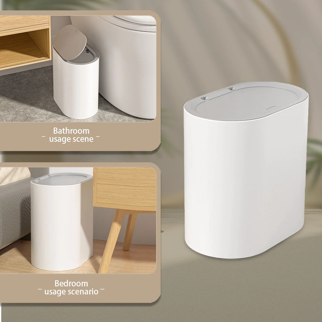 Press Top Trash Can with Lid, Slim Waste Basket for Bathroom Kitchen, Compact Office Living Room Garbage Bin