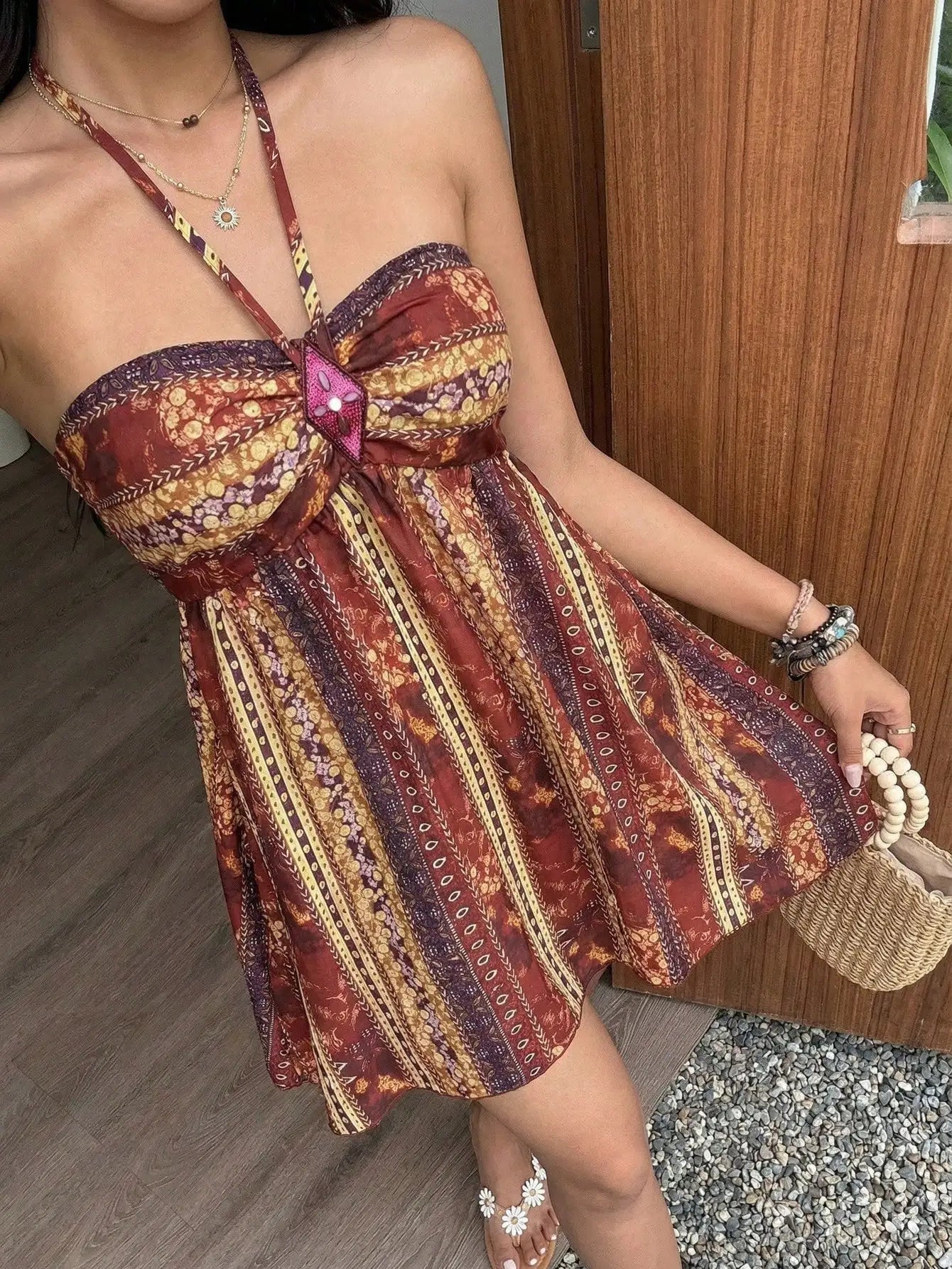 Bohemian Paisley Sequin Halter Mini Dress – Retro Summer Style