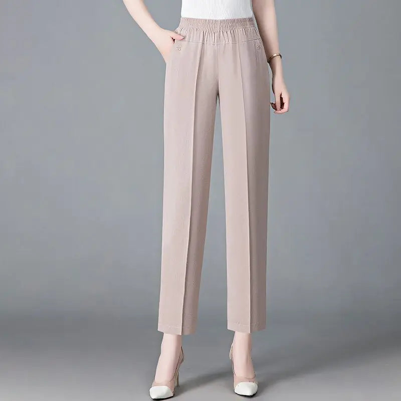 Office Lady Vintage Loose Straight Pants Spring Summer Thin Women Streetwear Fashion Casual Elastic High Waist Cropped Trousers