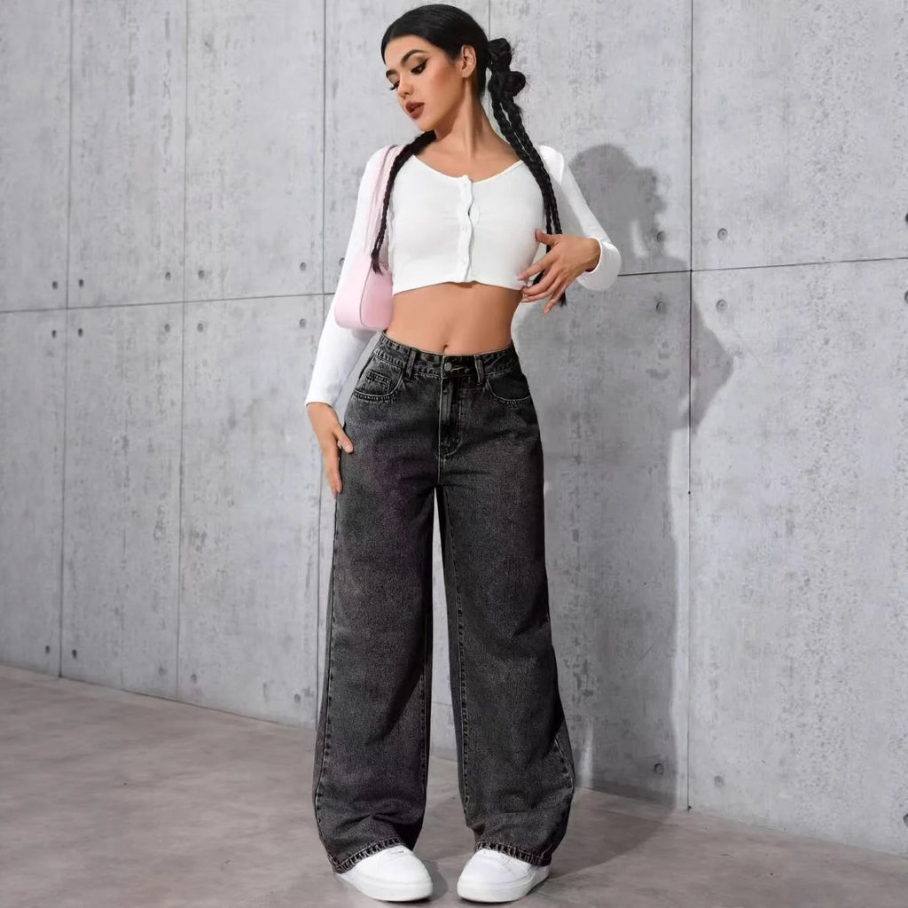 Size:S-5XL Women's Wide-Leg Jeans High-Waist Plus-Size Jeans