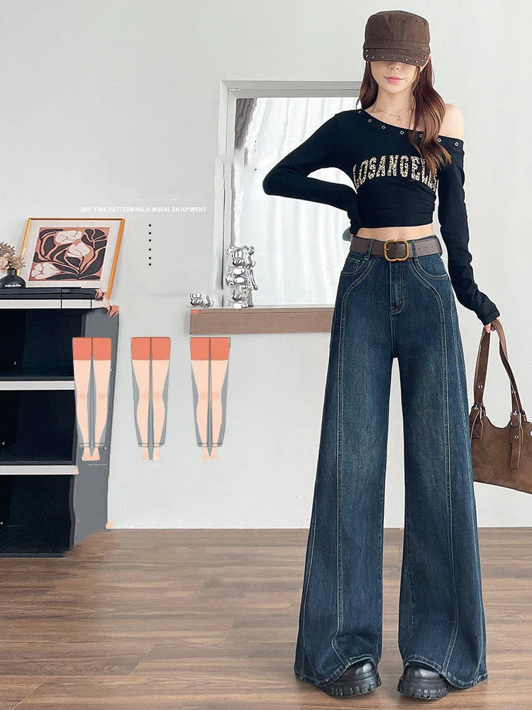 American Style Retro Elastic Wide Leg Jeans