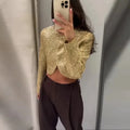 Tweed Style Metallic Thread Jacket Gold Cropped Length Chic Elegant Long Sleeve 2025 Autumn Women Outerwear Fashion Party Jacket