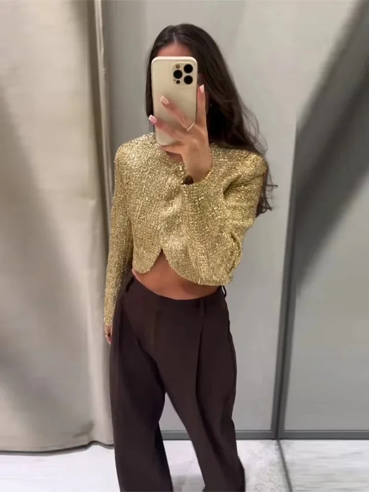 Tweed Style Metallic Thread Jacket Gold Cropped Length Chic Elegant Long Sleeve 2025 Autumn Women Outerwear Fashion Party Jacket