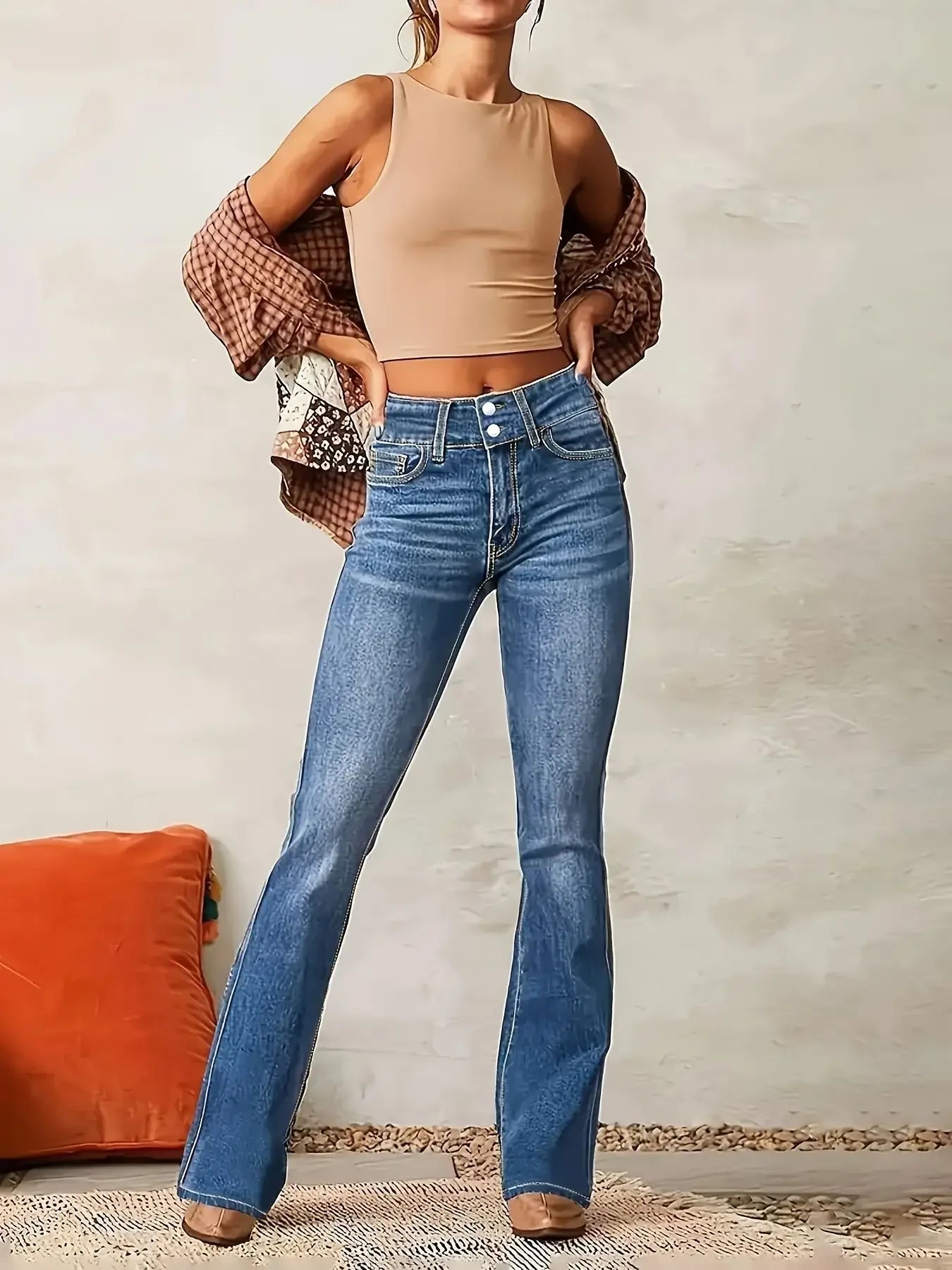 Jeans for Woman Y2k Jeans Blue Stretch Flared Minimalist Vintage Retro High Waist Comfort Daily Wear Fashion Trendy