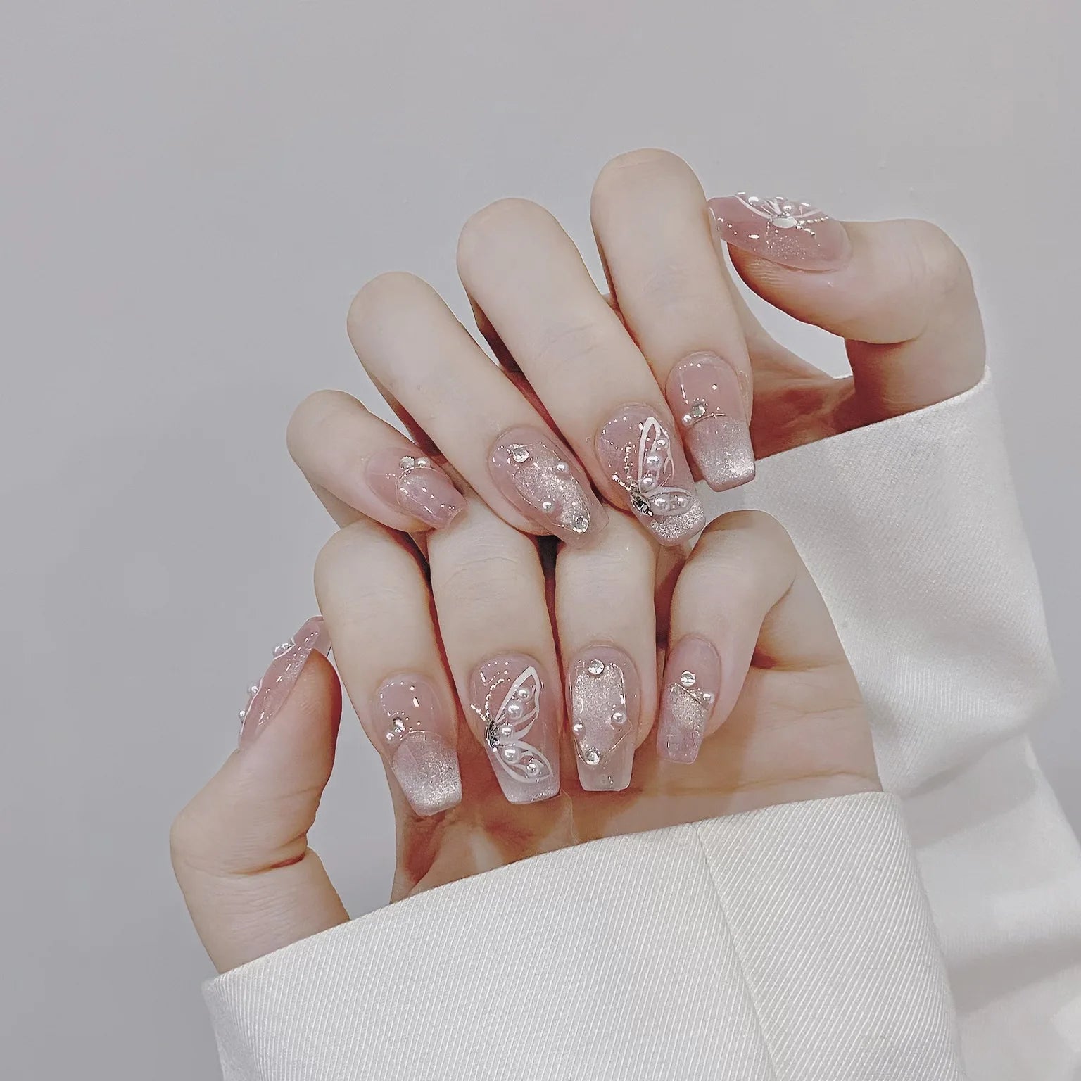 Butterfly Cat Eye Press-On Nails | 10pcs Pink Handmade French | Reusable Wearable Nail Art Tips