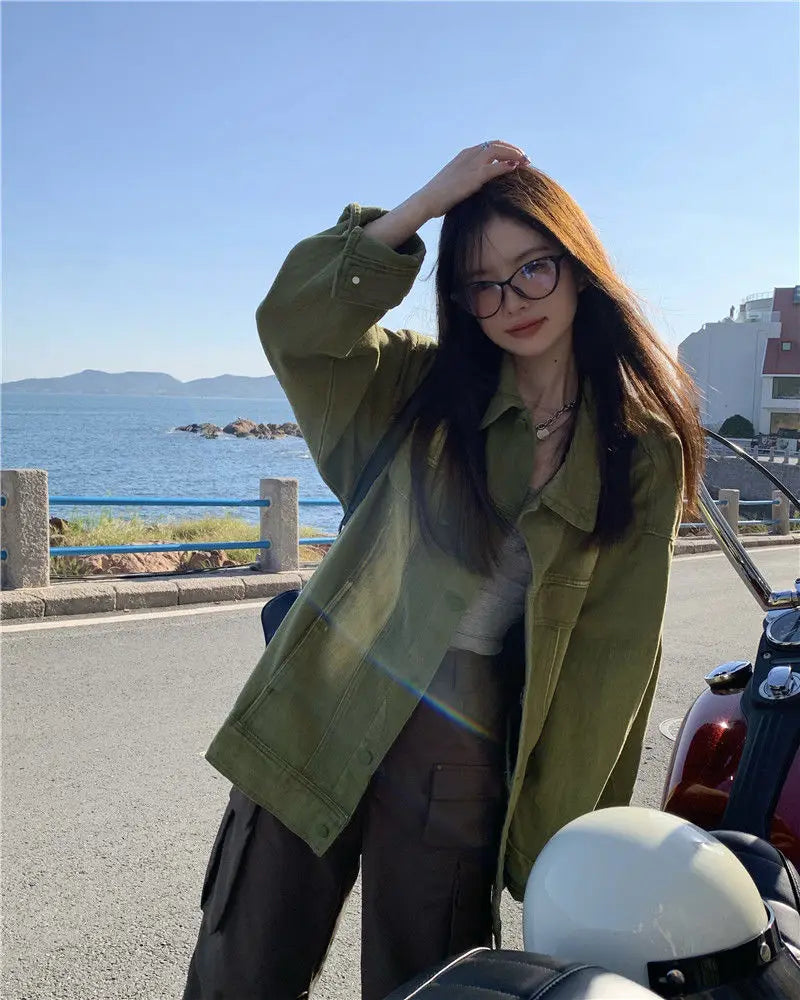 Women Jacket Vintage Workwear Denim Coat