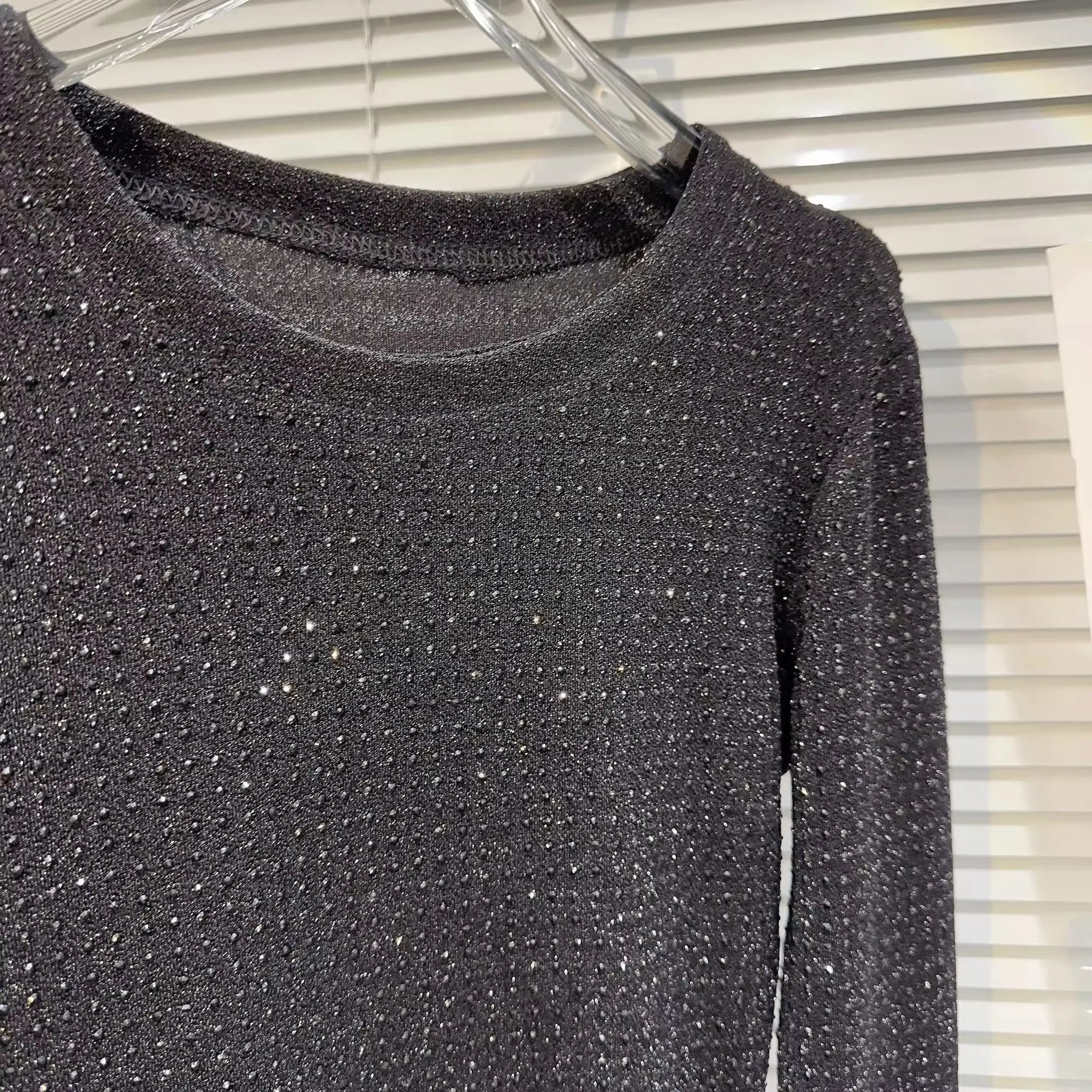 Fat people oversized wear 300 catties fashion rhinestone diamond bright silk curved edge women's long-sleeved T-shirt