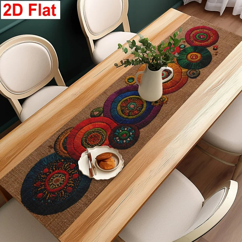 Boho Style Colorful Circular Pattern 2D Flat Table Runner Table Cover for Party Cafe Kitchen Dining Table Banquet  Decoration