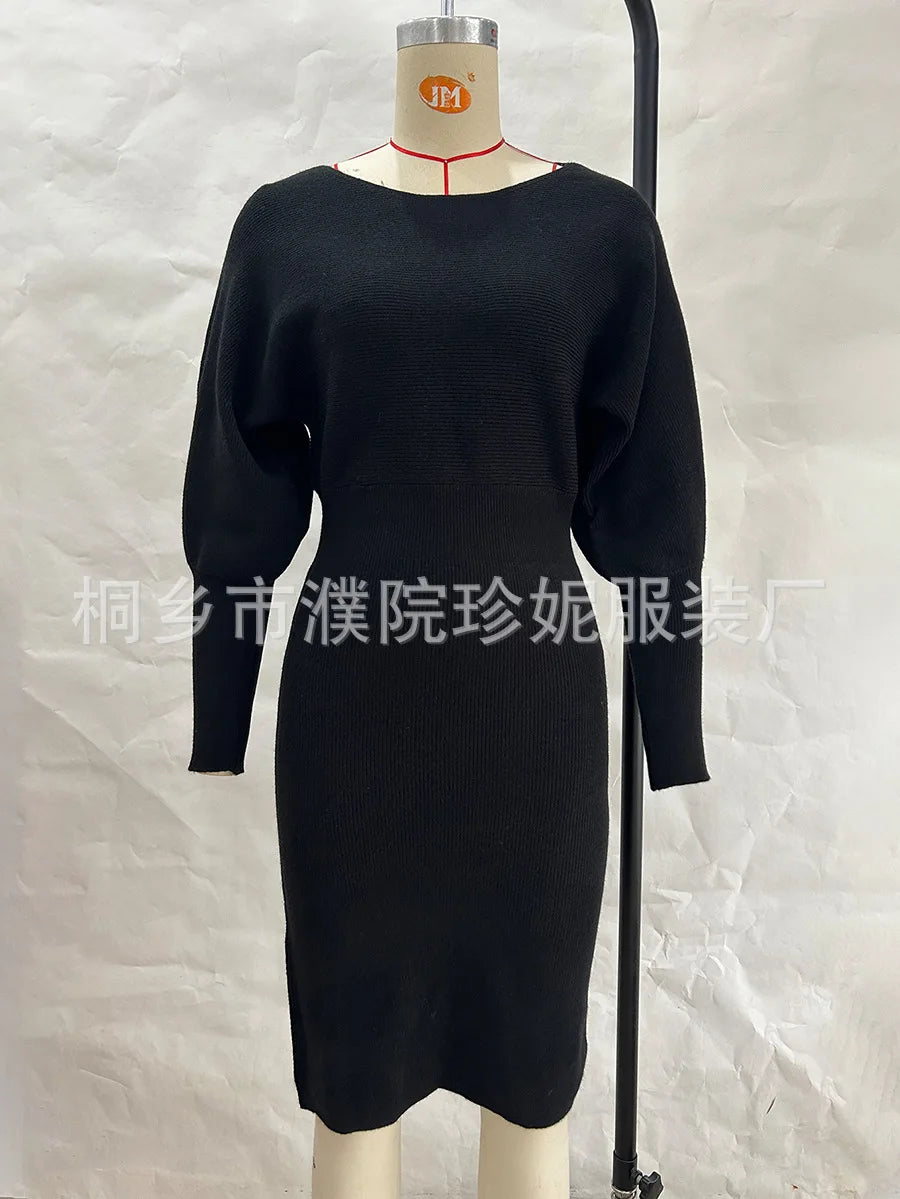 Women Knit Dress Sweater Long Sleeve Round Neck Slim Fit Dresses Tight Waist Thick Warm Vestidos Elegant Lady Skinny Autumn