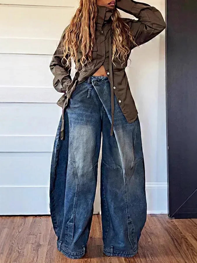 Wide Leg Pants Women Vintage Denim Jeans Punk Style Loose Trousers Stretch Mid Waist Washed Distressed 2026 Mom Streetwear