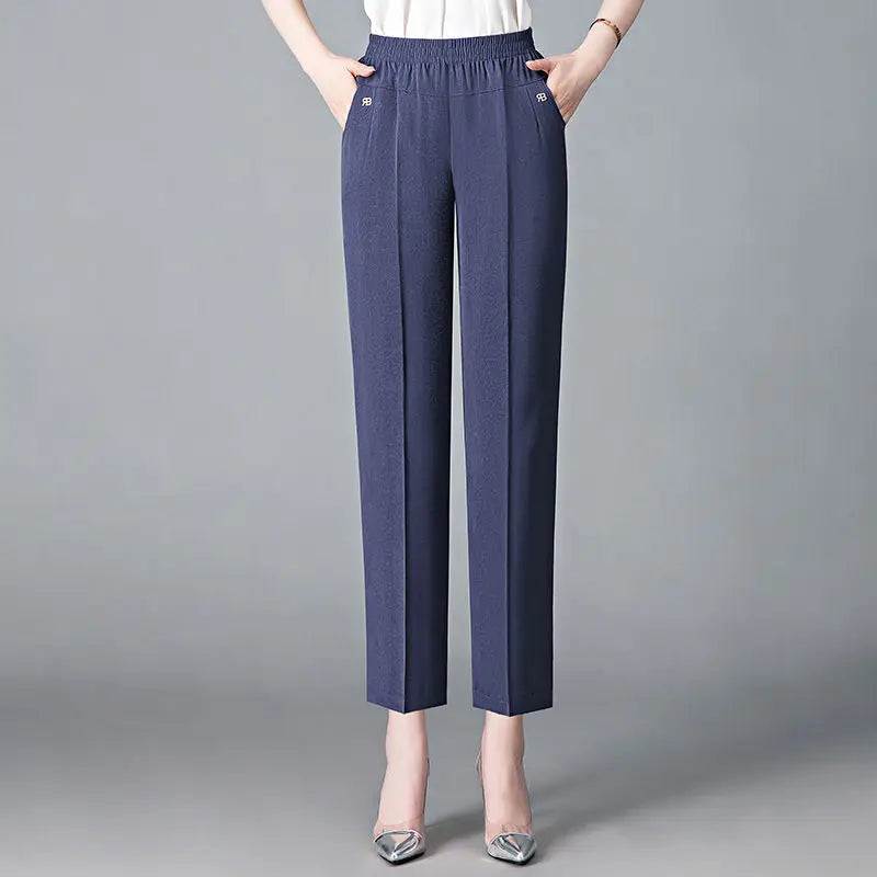 Office Lady Vintage Loose Straight Pants Spring Summer Thin Women Streetwear Fashion Casual Elastic High Waist Cropped Trousers
