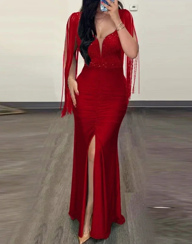 Elegant Dresses for Women Sexy Party Glamorous Contrast Sequin Ruched Slit Elegant Evening Bodycon Dress Streetwear Fashion 2024