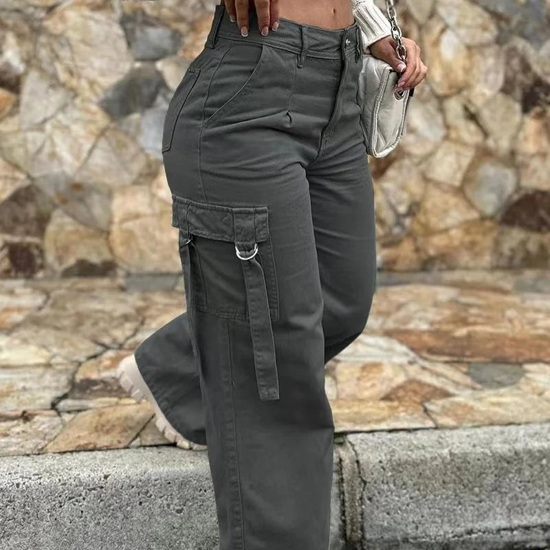 Fashion Retro Overalls Pants Multi-Pocket Casual Straight Pants High Street Women's Wide-Legged High Waisted Long Trousers