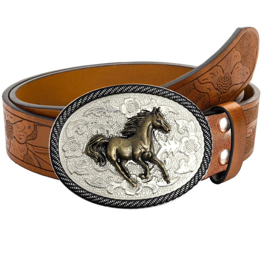 1pc men's Western style belt, horse, printed, pattern carved with flowers and long horn decorations, retro style, great Valentin
