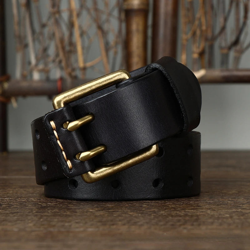 Men's Leather Belt 3.8cm*105-125cm Double Pin Buckle Belts Top Layer Cowhide Genuine Vintage Copper Decor Jeans Male Waistband