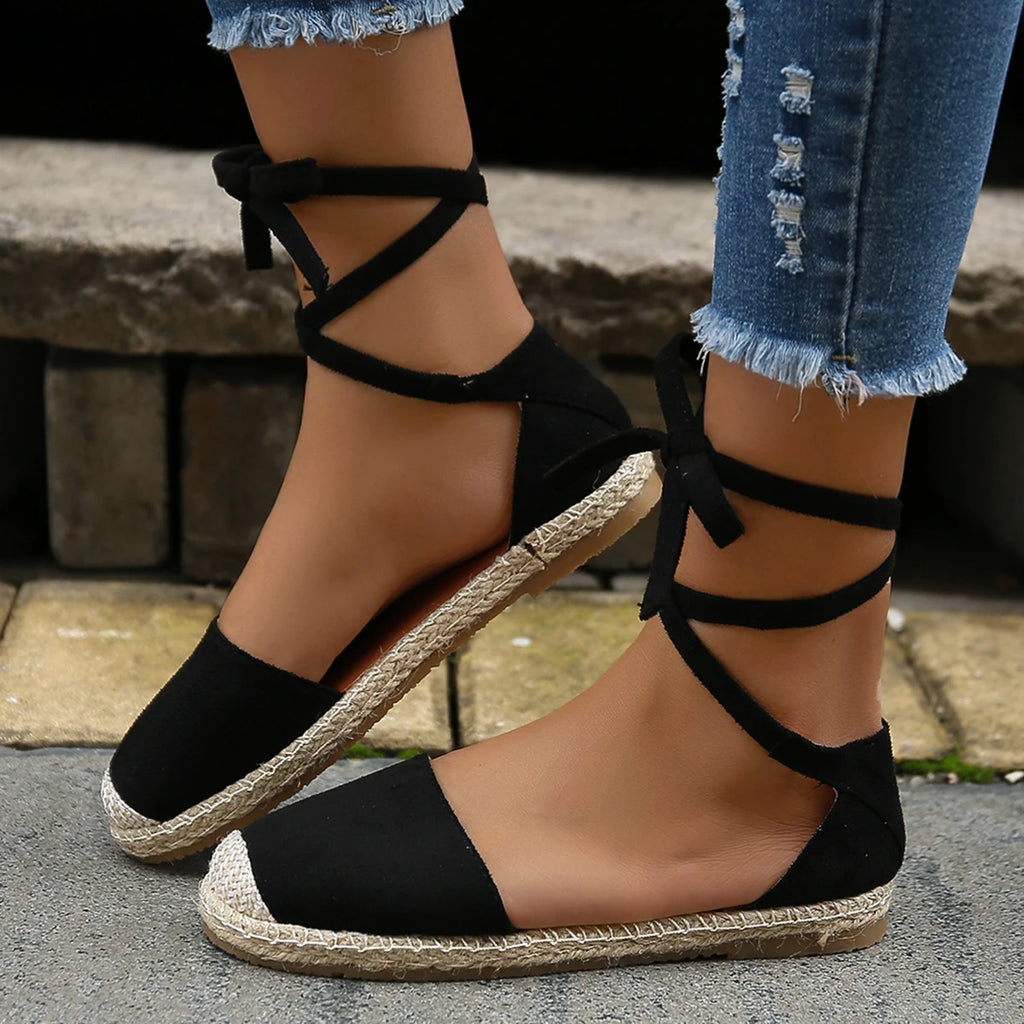 Women Sandals Summer Fashion Round Toe Solid Casual Shoes Flat Ankle Lace Up Rattan Straw Sole Roman Sandals Designer Sandals