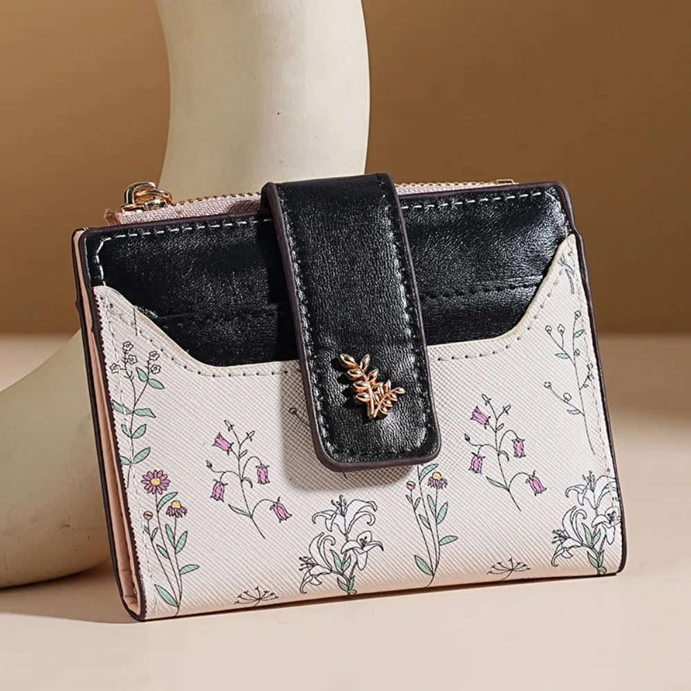 Slim PU Leather Short Wallet INS Multi-Cards Zipper Coin Purse Hasp Small Flowers Card Bag Wallet Zipper Hasp For Women Girl